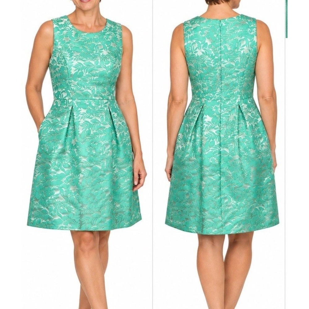 Bigio Collection Women's Sz 10 Green Floral Jacquard Sleeveless Fit Flare Dress